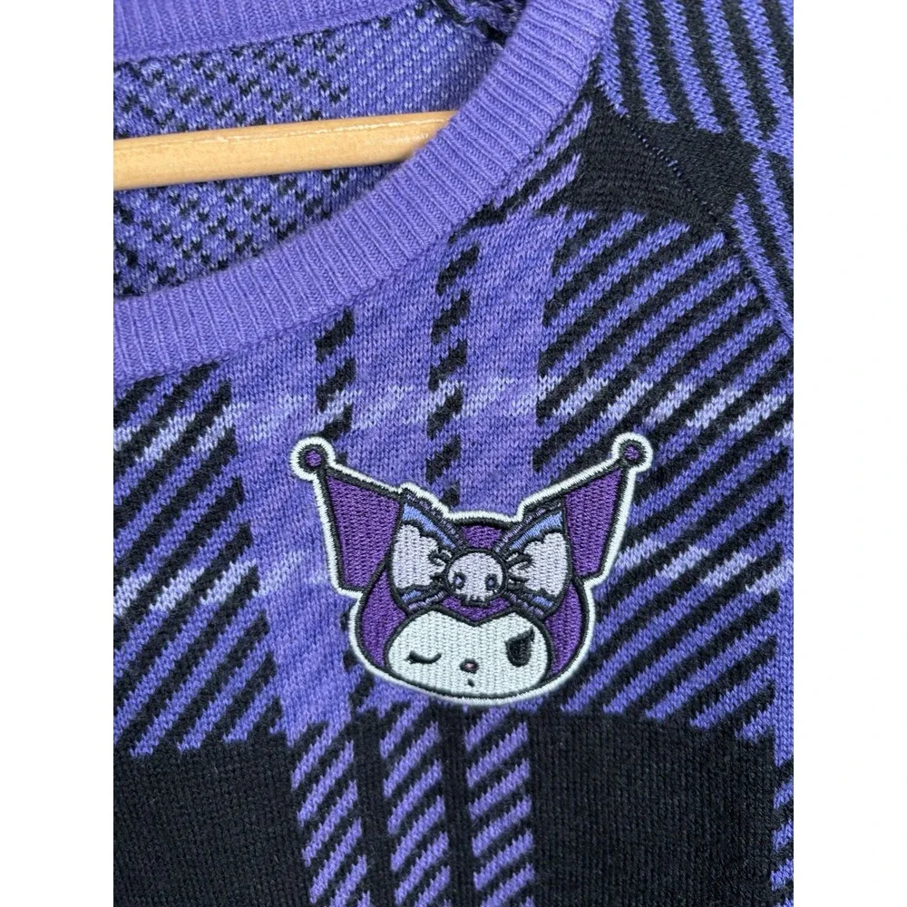 Kuromi by Sanrio Women's Sz Large Purple Black Plaid Sweater Embroidered Logo